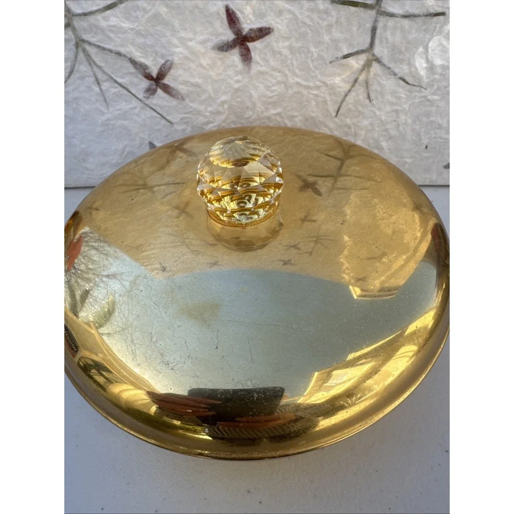 VTG Vanity Dresser Powder Jar Round Brass‎ Trinket Ring Dish 6